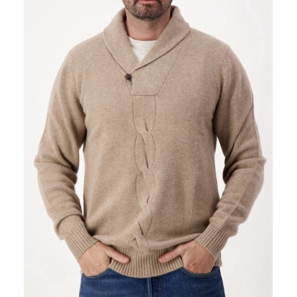 Nuan $575 100% Cashmere Sweater Men's Large Cable Accent Pullover Leather Button